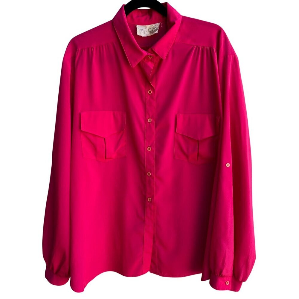 Marie France Vintage 80s Silk Hot Pink Barbiecore Blouse Roll Tab Sleeve 3XL